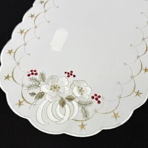 German Embroidered Christmas Flowers Table Runner Mat 11x18 Metallic Gold Thread